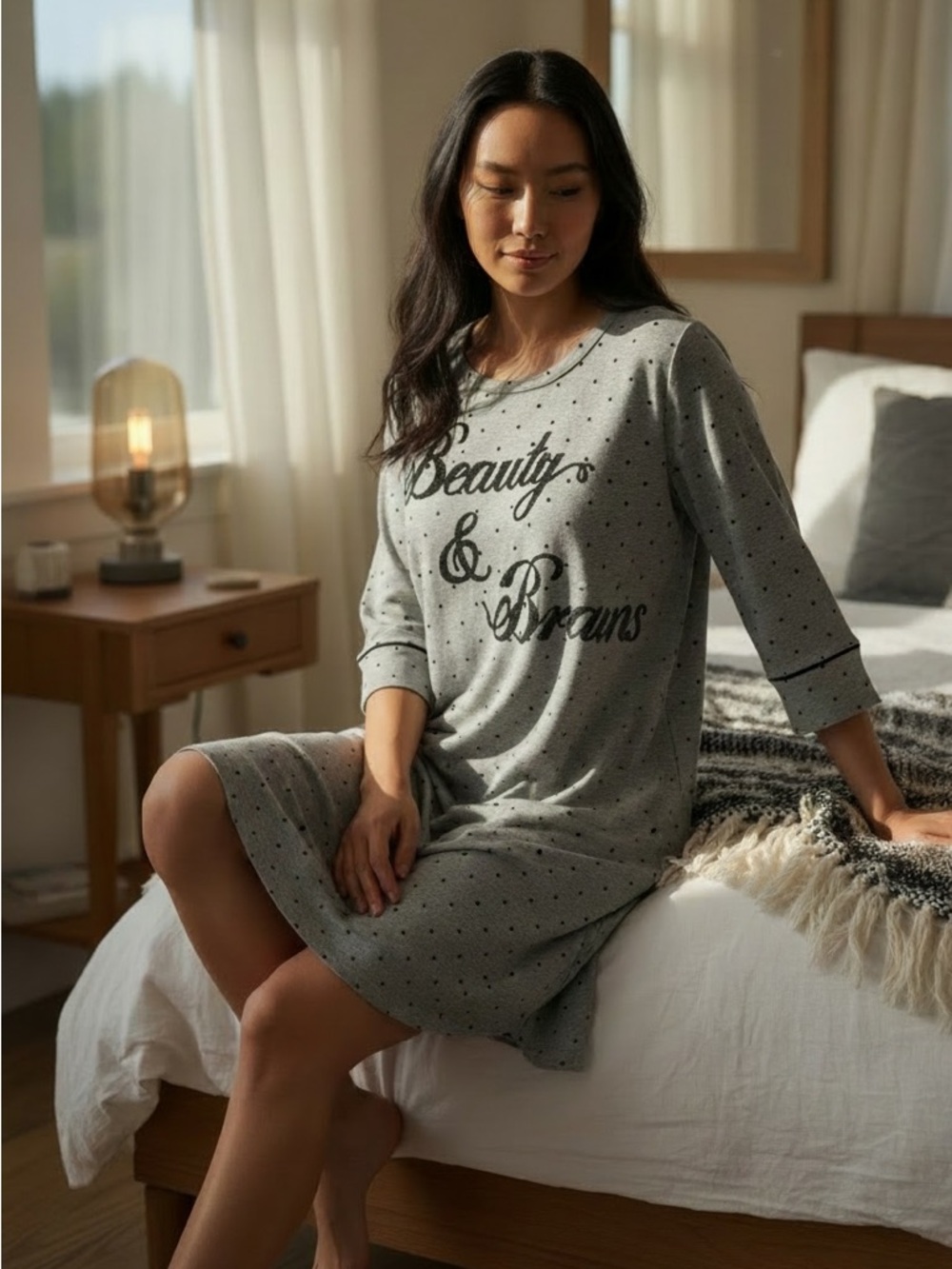 SOMA Grey with Black Polka Dot 'Beauty & Brains’ Sleepwear Nightgown Size M
